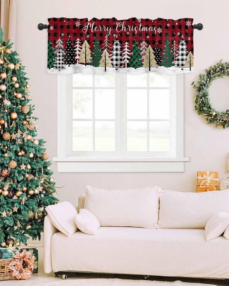 LooPoP Christmas Valance for Windows Merry Christmas Tree Curtains Valances Rod Pocket Valance Window Treatments Buffalo Plaid Short Curtains for Kitchen Living Room Bedroom Xmas Holiday 1 Panel 42x12 - Image 5